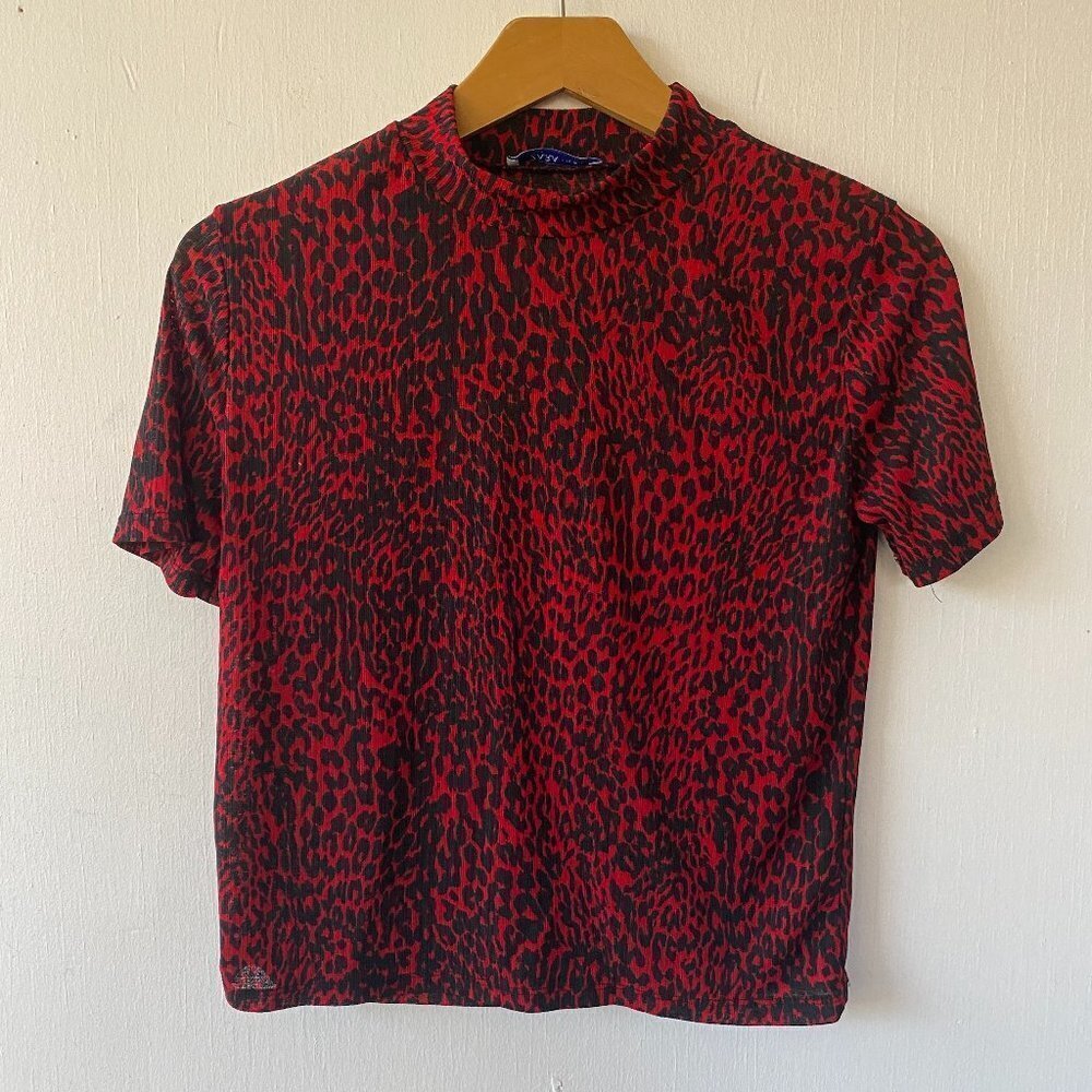 Zara Trafaluc Blouse Womens Small Red Animal Print Stretchy Grunge Fairy Punk